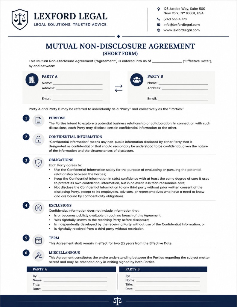 Preview of NDA — Mutual Short Form legal template