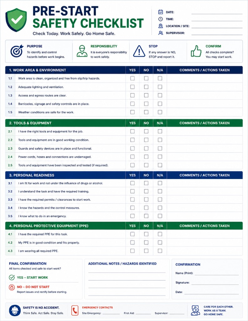 Pre-Start Safety Checklist — Safety template preview thumbnail