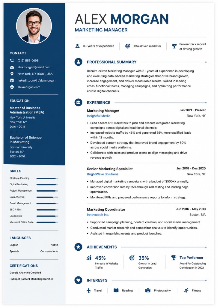 Professional Resume — Blue Accents — Resume template preview thumbnail