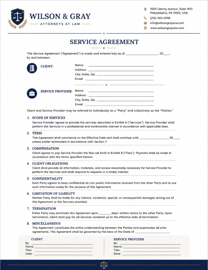 Preview of Service Agreement — Legal Header legal template
